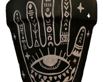 Hand Painted Mystical Evil Eye Hand Hamsa 3.5&quot; Terracotta Pot ~ Indoor Planter ~ Home Decor ~ Flower Pot ~ Plant Pot ~ Clay Pot ~ Gift Ideas