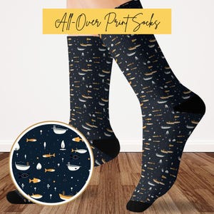 Fish and Boats Socks, Nautical Crew Socks, Ocean Theme Footwear, Beach Lovers Gift, Sea Life Apparel, Coastal Pattern, Fun Socks for Him