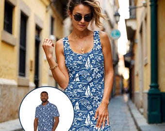 Matching Set - Nautical Dress and Shirt, Coordinating Couples Racerback Dress and Polo Outfit,  Clothes for Beach, Party or Vacation Attire