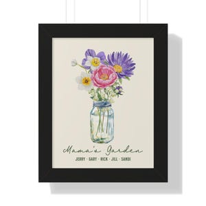 Custom Floral Print - Mama’s Garden, Personalized Mason Jar Art with Kids’ Names, Mother’s Day Gift, Family Wall Decor for Mom or Grandma