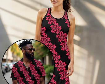 Matching Set - Bold Floral Print Shirt and Racerback Dress, Coordinating His and Hers Summer Outfits, Beachwear Gift, Vacation Attire