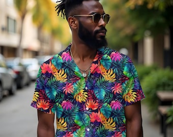 Matching Hawaiian Shirt and Bodycon Dress Set, Couple Outfit, Colorful , Summer Vacation Look, Bold Leaf Print, Couples Tropical Beach Gift