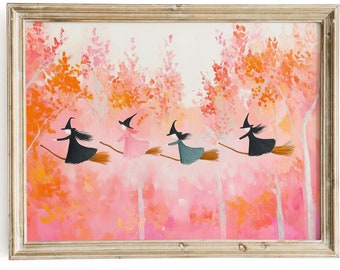 Abstract Halloween Witches Painting | Girly Pink Pastel Wall Art  | Cute Trick or Treating Print | Autumn Girl&#39;s Digital Download Printable