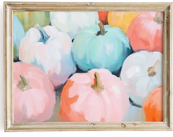 Pastelkleurige pompoenen schilderen | Retro herfstmuurkunst (digitale download)