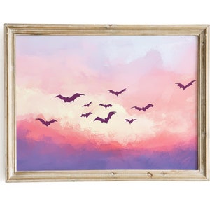 Pastel Sunset Bat Painting | Abstract Pink Halloween Wall Art Print | Spooky Cute Girly Digital Download | Girl&#39;s Room Pastel Printable