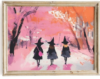 Pink Halloween Witches Painting Three Little Girls Abstract Trick or Treating Print Cute Pastel Wall Art Spooky Digital Download Girl&#39;s Room