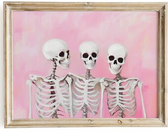 Three Skeletons Painting Pink Halloween Girly Digital Download Pastel Girl&#39;s Room Wall Art Print Spooky Cute Haunted House Printable