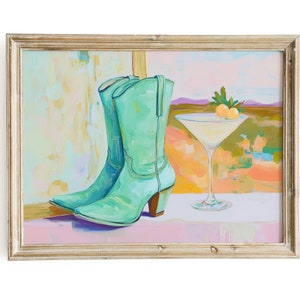 Sage Green Cowgirl Martini Boot Print | Trendy Retro Western Printable Wall Art | Vintage Nashville Bar Decor | Girly Downloadable Painting