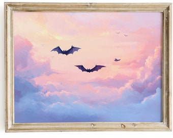 Bats Flying At Sunset Painting | Abstract Pink Halloween Wall Art Print | Spooky Cute Girly Digital Download | Girl&#39;s Room Pastel Printable