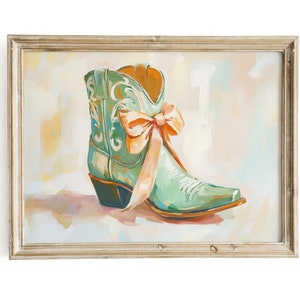 Pastel Sage Green Cowgirl Boot Print | Trendy Preppy Printable Wall Art | Retro Girly Western Downloadable Vintage Nashville Decor Painting