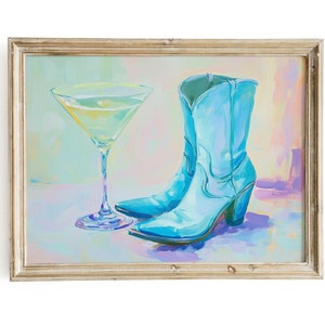 Jasnoniebieski kowbojski but Martini | Modny retro-zachodni drukowany obraz ścienny | Wystrój baru w stylu vintage w Nashville | Dziewczęcy obraz do pobrania