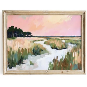 Marais d&#39;été coucher de soleil paysage peinture aquarelle côtière impression d&#39;art mural maison de plage rose imprimable téléchargement numérique Carolina Lowcountry