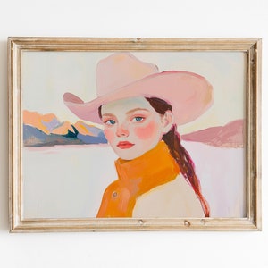 Pink Pastel Cowgirl Wall Art | Retro Girly Orange Western Print | 1950s Aesthetic Downloadable Vintage Decor | Printable Apartment Painting