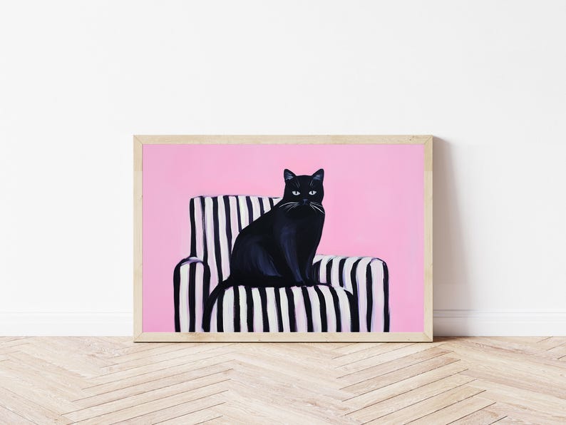 Black Cat Couch Painting Cute Pink Pastel Fun Halloween Wall Art Print