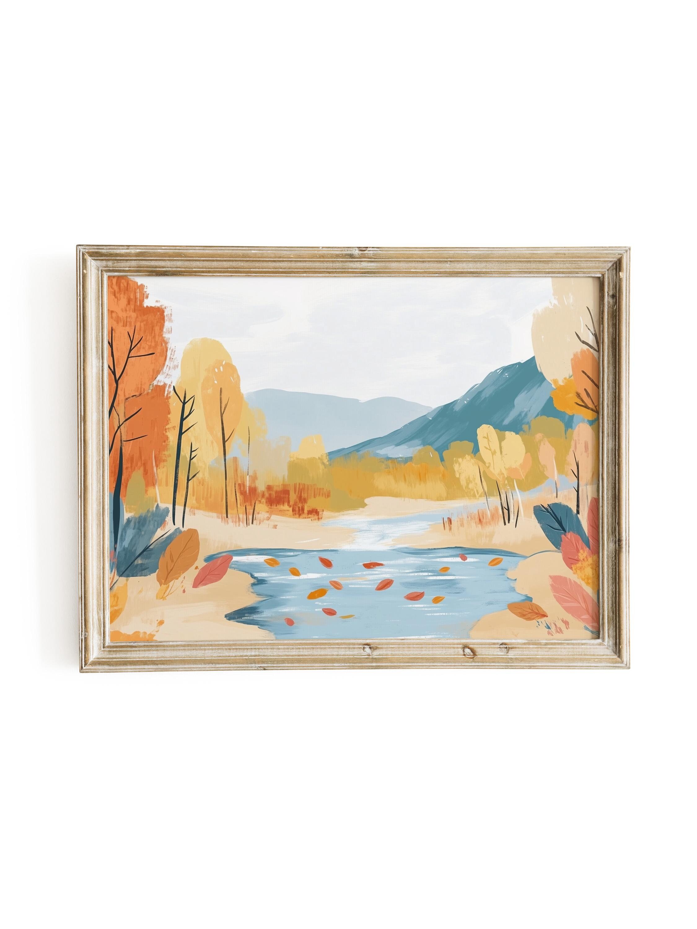Pastel Autumn Landscape Painting | Cozy Girly Fall Home Decor | Warm Forest Wall Art Print | Cute October Rustic Printable Digital Download
