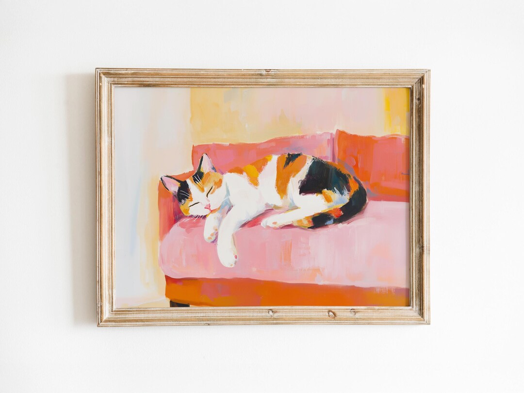 Sleeping Calico Cat Painting | Cute Cozy Pastel Pink Kitty Wall Art ...