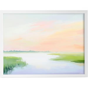 Peinture de paysage de marais d&#39;été | Art mural côtier coucher de soleil aquarelle | Impression de maison de plage rose en téléchargement numérique Carolina Lowcountry