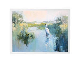 Gemälde eines Blaureihers im Sumpf, Küstenhauskunst (Digitaler Download)