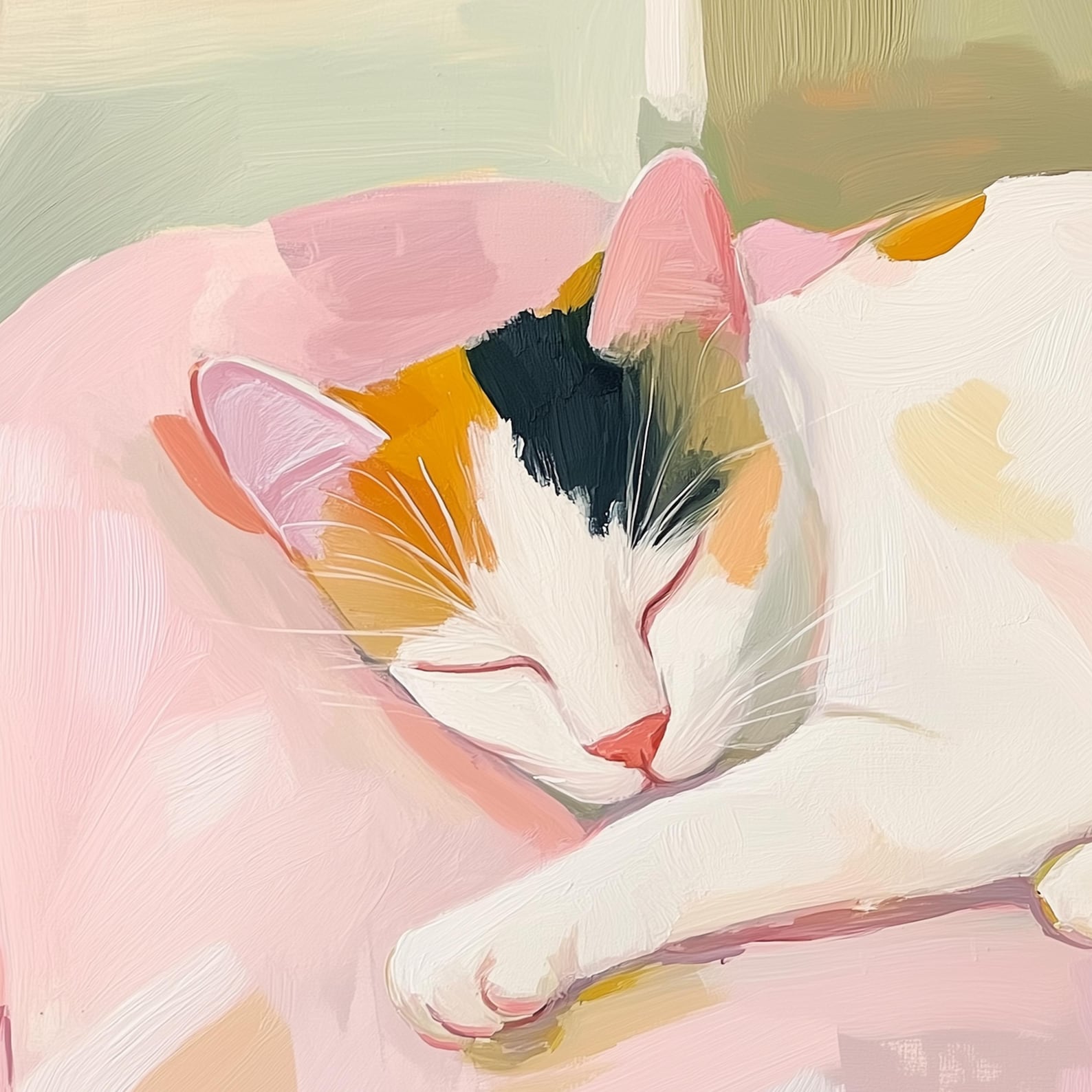 Pink Calico Cat Painting | Cute Cozy Pastel Kitty Wall Art Print | Fun ...