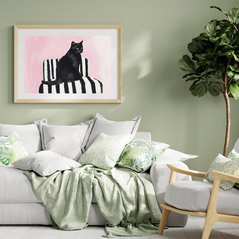 Pastel Black Cat Painting Cute Pink Black and White Halloween Wall Art