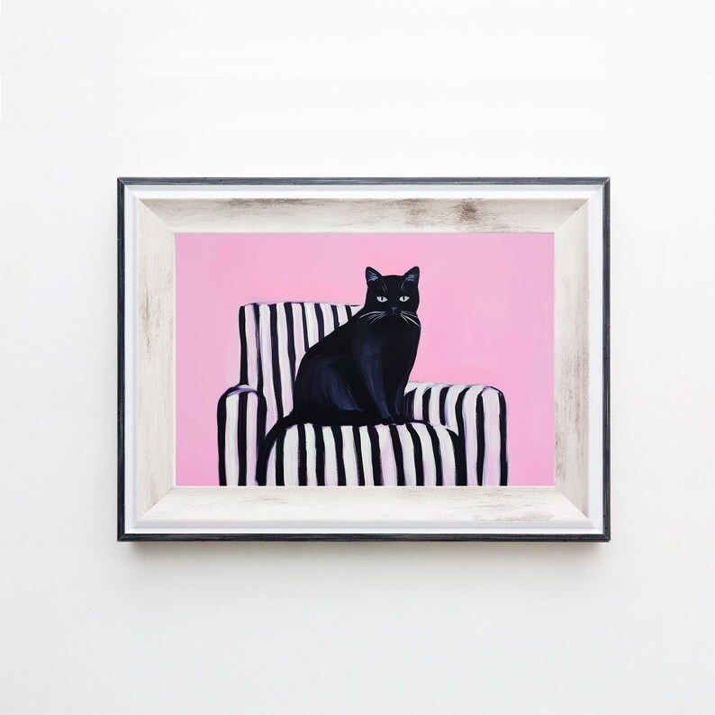 Black Cat Couch Painting Cute Pink Pastel Fun Halloween Wall Art Print