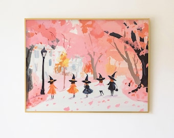 Trick or Treat Wall Art | Pastel Pink Witches Print for a Classroom (Digital Download)
