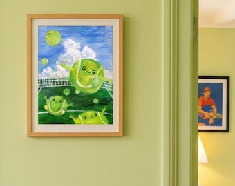 Tennis Art Print, Tennis Sports Wall Decor, Oil Paint Acrylic Texture Poster, Wall Art Gift, Tennis Ball Character, Kids Room Art (unframed)