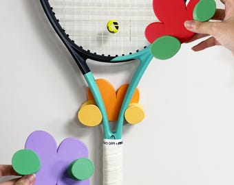 Unique Flower Tennis/Squash Racquet Hanger, Easy Peel & Stick Racket Organizer, No-drill Racket Wall Mount Display, Pickleball paddle Holder