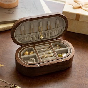 Portable Travel Jewelry Box, Personalized Engraving Jewelry Box, Custom Walnut Jewelry Box, Wedding Jewelry Box, Anniversary Birthday Gift
