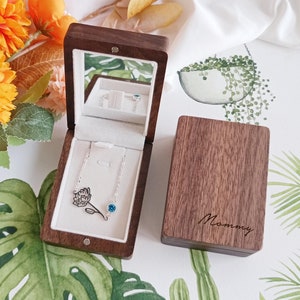 Personalized Walnut Necklace Box, Portable Mini Travel Necklace Case with Mirror, Bride Wedding Jewelry Box, Birthday Anniversary Gift