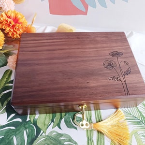 Walnut Jewelry Box with Lock, Personalized Birth Flower Jewelry Box, Bridal Wedding Travel Jewelry Box, Custom Birthday Anniversary Gift