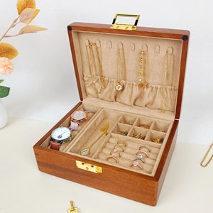 Wooden Jewelry Box with Lock, Personalized Engraving Jewelry Box, Layer Velvet Jewelry Box,  Custom Jewelry Case for Her, Birthday Gift