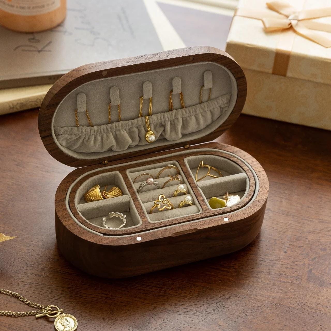 Portable Travel Jewelry Box, Personalized Engraving Jewelry Box, Custom Walnut Jewelry Box, Wedding Jewelry Box, Anniversary Birthday Gift
