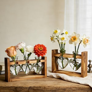 Wooden Heart Vase Stand, Flower Plant Propagation Station, Rustic Test Tube Flower Holder, Minimalist Table Centerpiece, Hydroponic Vase