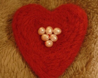 Needle Felted Wool Heart Brooch Pin with Pearls Red