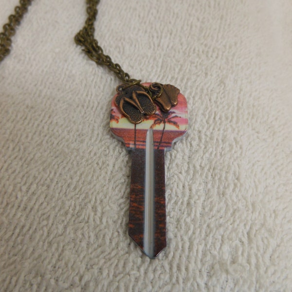Sunset Palm Trees Key Necklace Pendant with Flip Flops and Bare Feet Charms