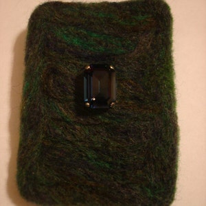 Needle Felted Wool Brooch Pin Blues and Greens with Vintage Sew On Crystal