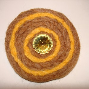 Needle Felted Wool Brooch Pin with Vintage Sew On Crystal Brown and Yellow