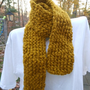 Knitted Thick and Thin Merino Wool Scarf Golden Brown Dijon Mustard