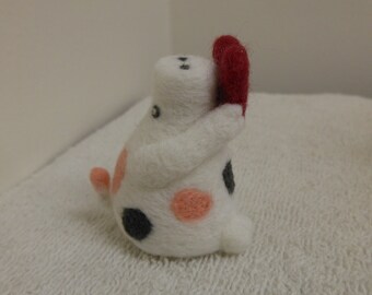 Needle Felted Wool White Pig with Pink and Black Spots Holding a Red Heart