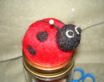 Needle Felted Ladybug Pincushion - Mason Jar