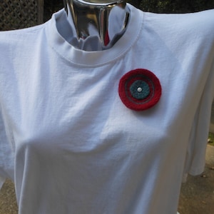 Red and Green Wool Needle Felted Pin Brooch with White Button
