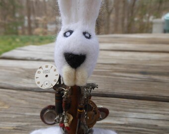 Robot Rabbit Art Doll Assemblage Needle Felted Found Electronic and Watch Parts