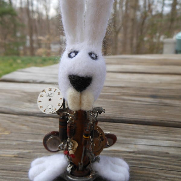 Robot Rabbit Art Doll Assemblage Needle Felted Found Electronic and Watch Parts