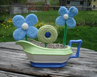 Wool Blue and Green Needle Felted Flowers in Pot