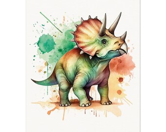 トリケラトプスの虹の嘔吐物、気まぐれな水彩画の恐竜の絵画、面白い
