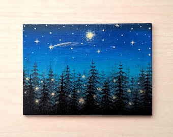Hand-Painted Miniature Forest Acrylic Painting with Magnet: Magical Night Sky Art