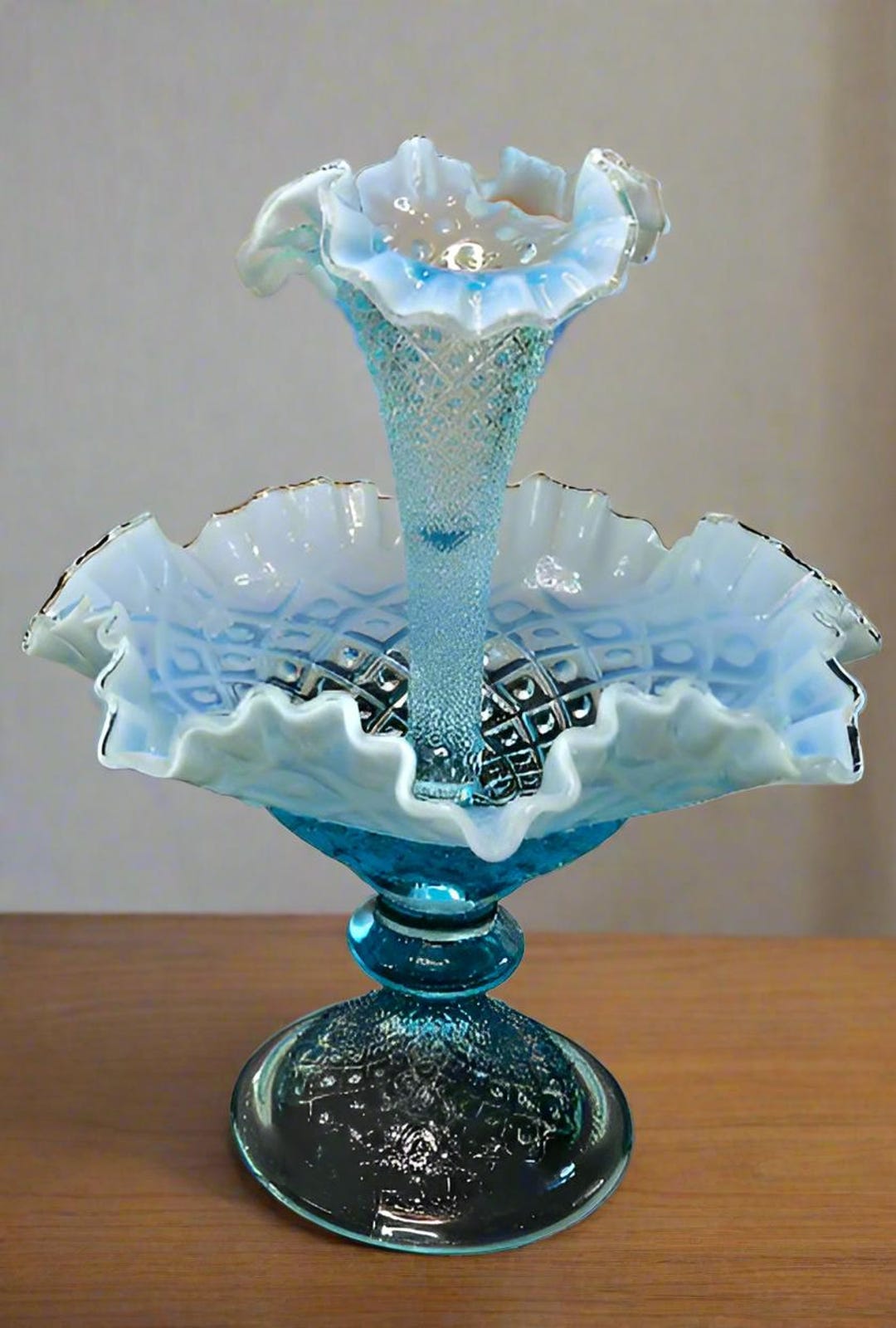 Fenton - Sea Blue Opalescent Diamond Hobnail Epergne Tulip Vase