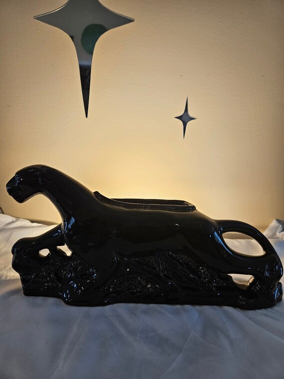Mid Century Black Ceramic Panther TV Lamp and Pla… - image 10