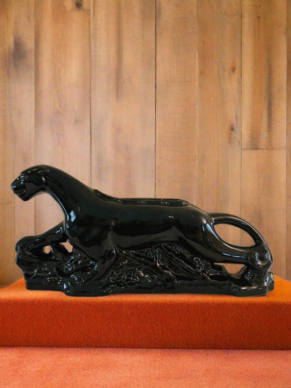 Mid Century Black Ceramic Panther TV Lamp and Pla… - image 1